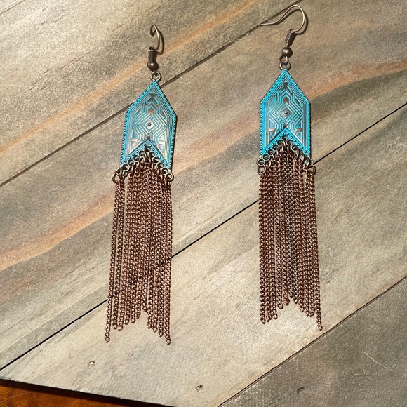 Vintage Patina Bronze Filagree Ornate Tassel Fringe Long Teal Copper Earrings - Picture 4 of 7